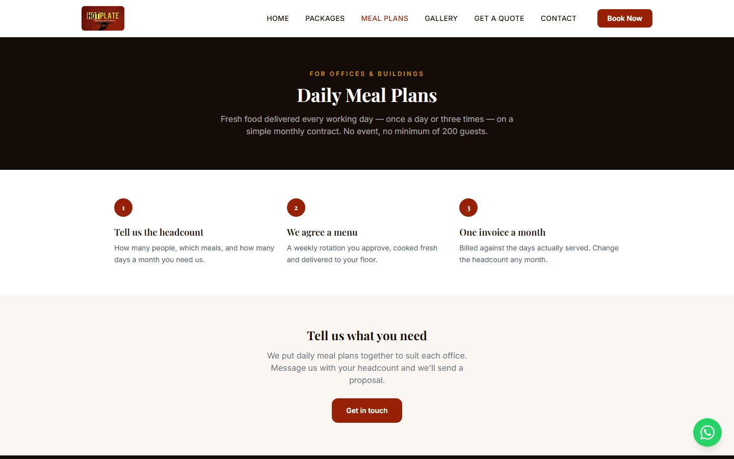 Meal plan listing on the public site