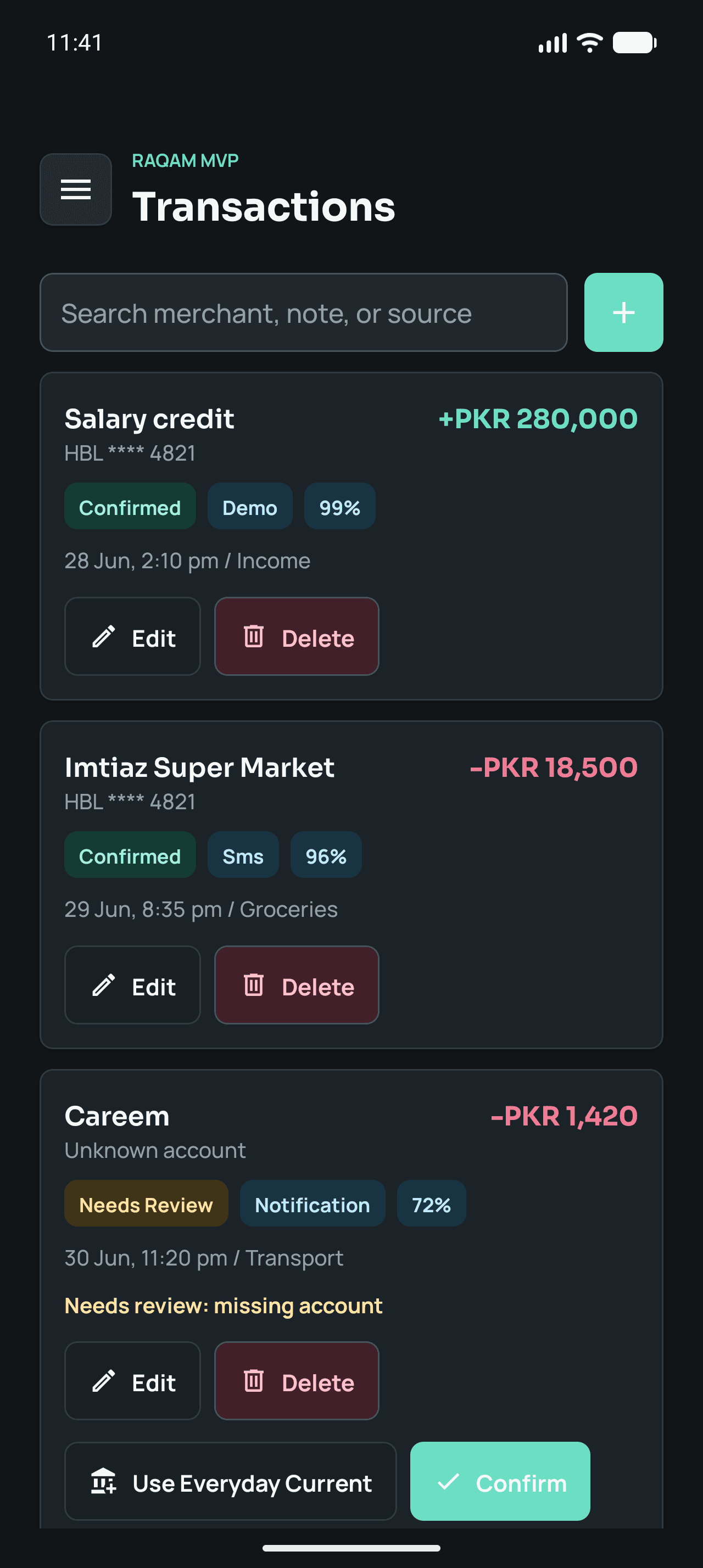 Transaction list parsed from bank SMS alerts