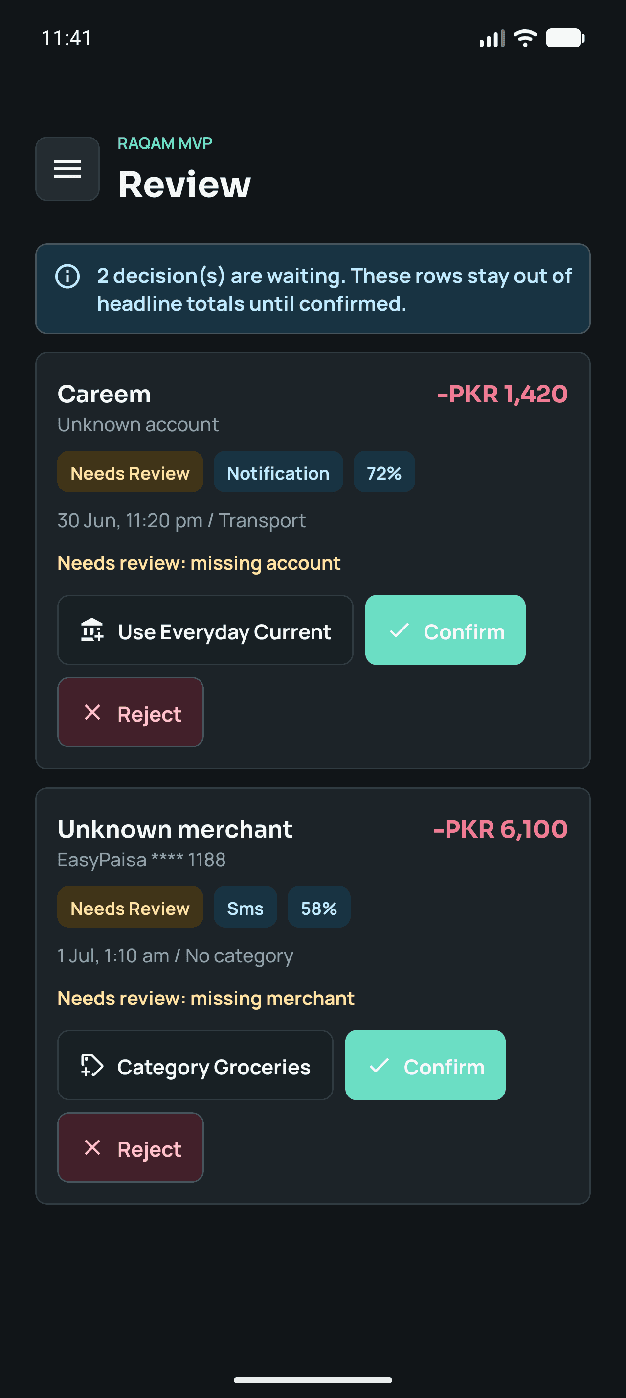 Review queue for transactions the parser was unsure about