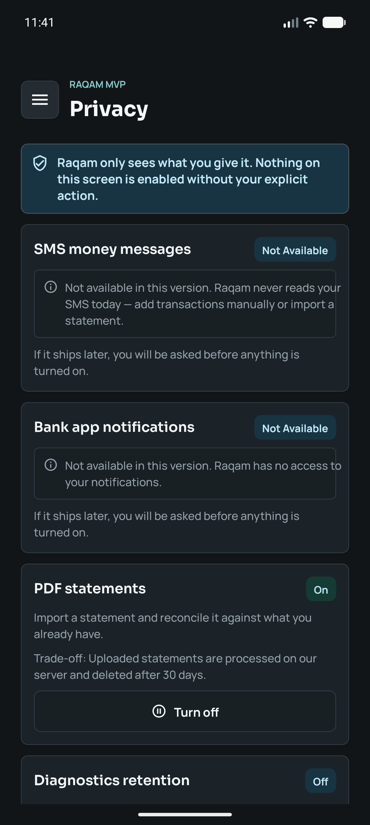 Privacy and permissions screen