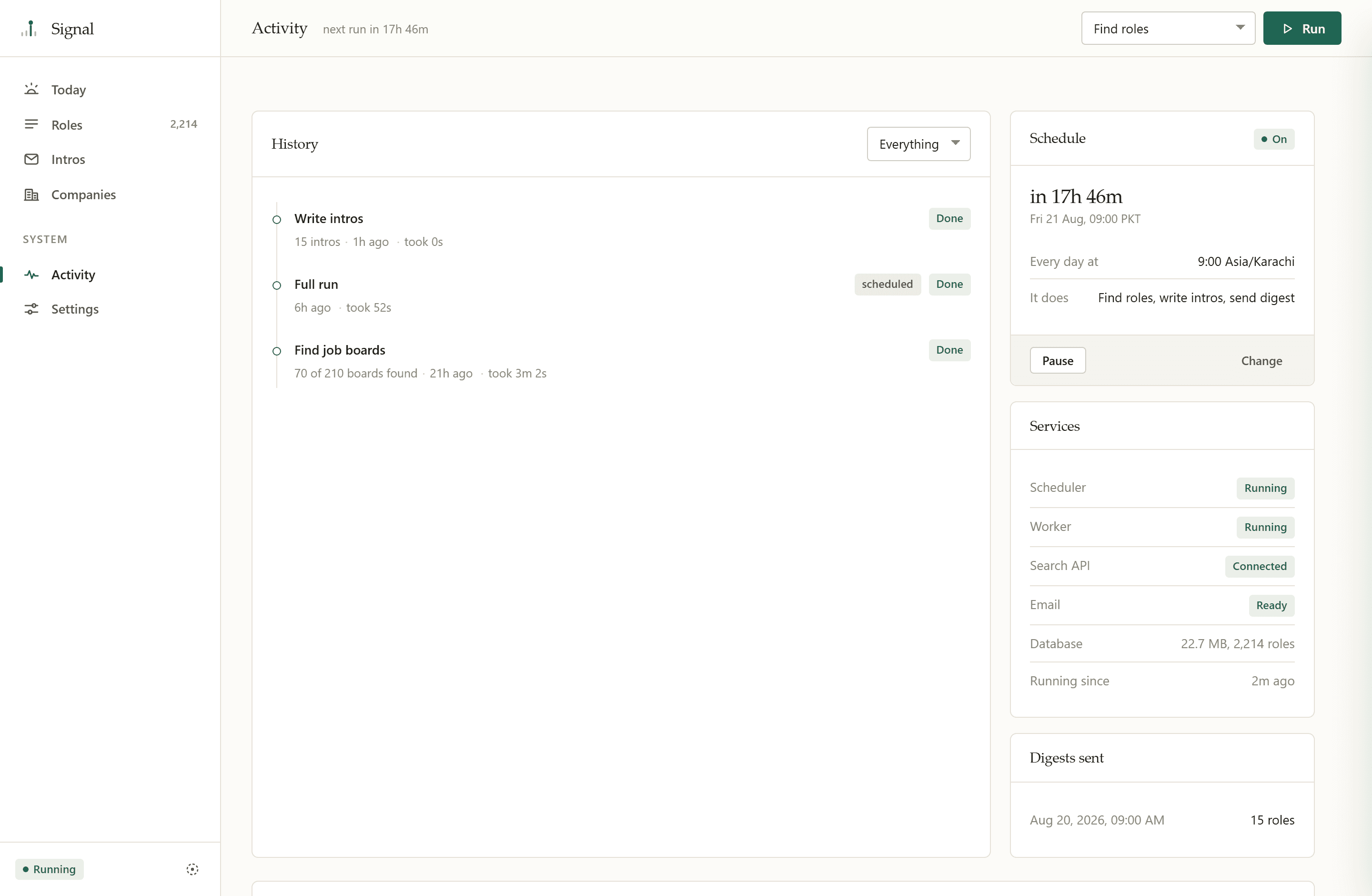 Activity log showing scheduler and worker health