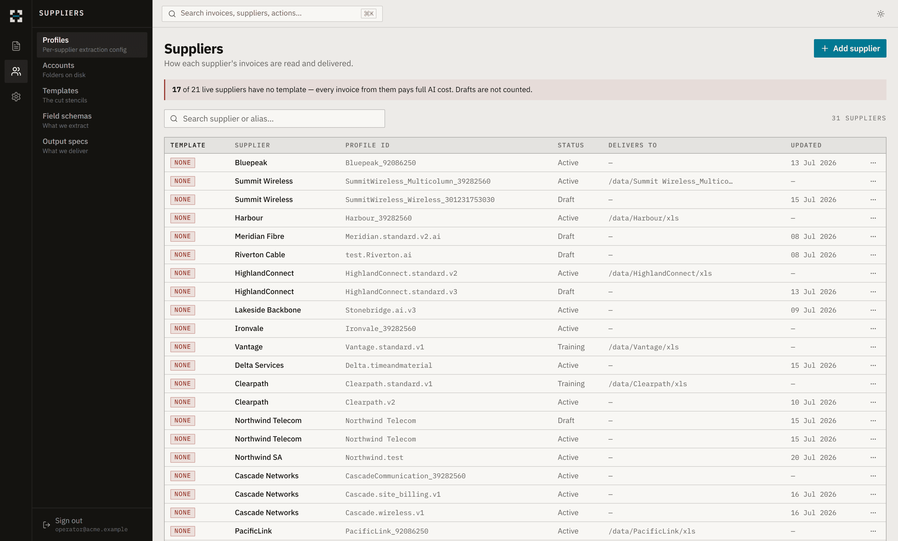 Supplier list with per-supplier extraction rules
