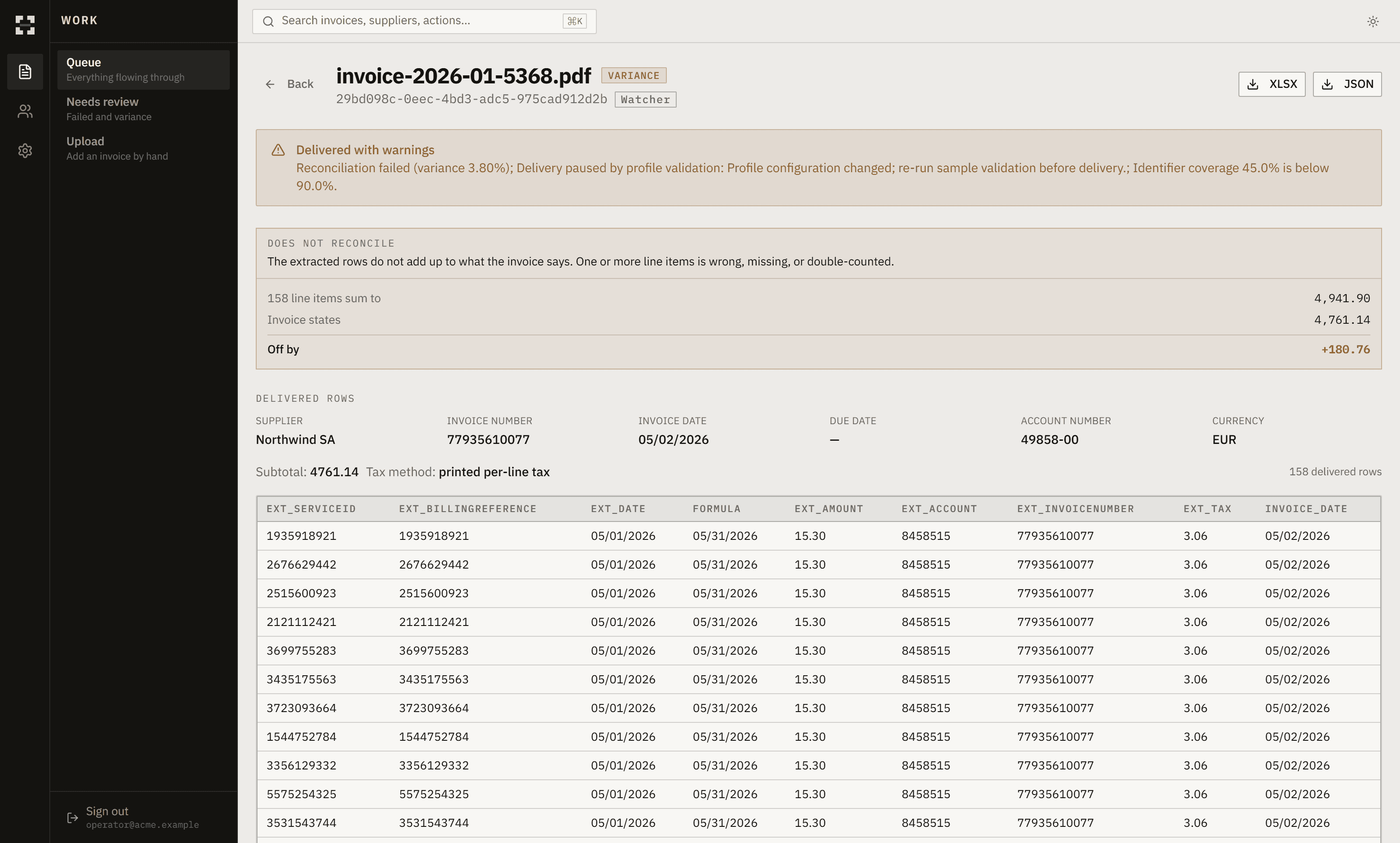 Reconciliation view matching extracted lines against expected values